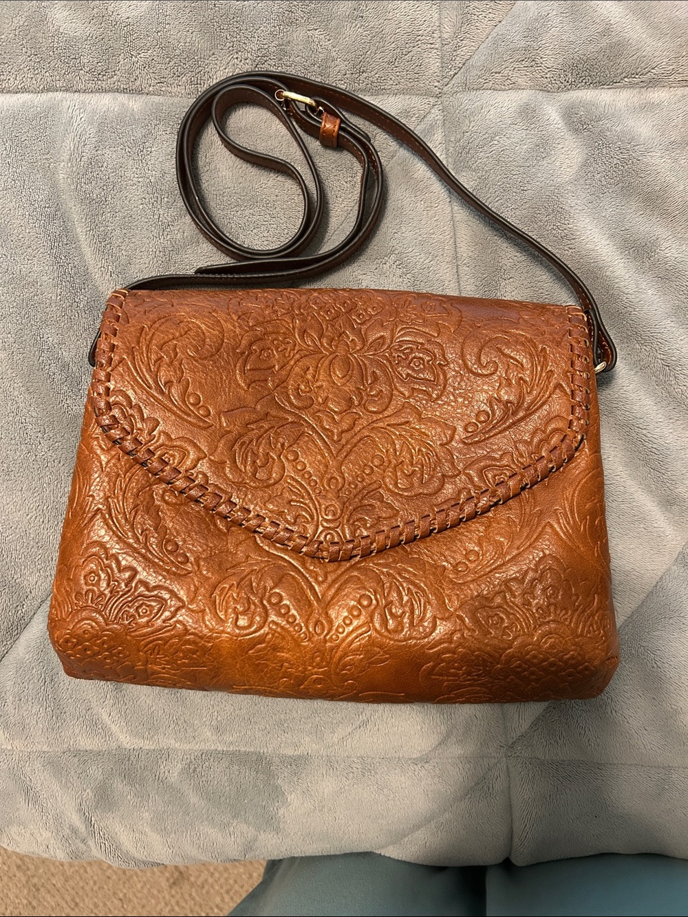 Embossed Leather Crossbody Bag - Brown